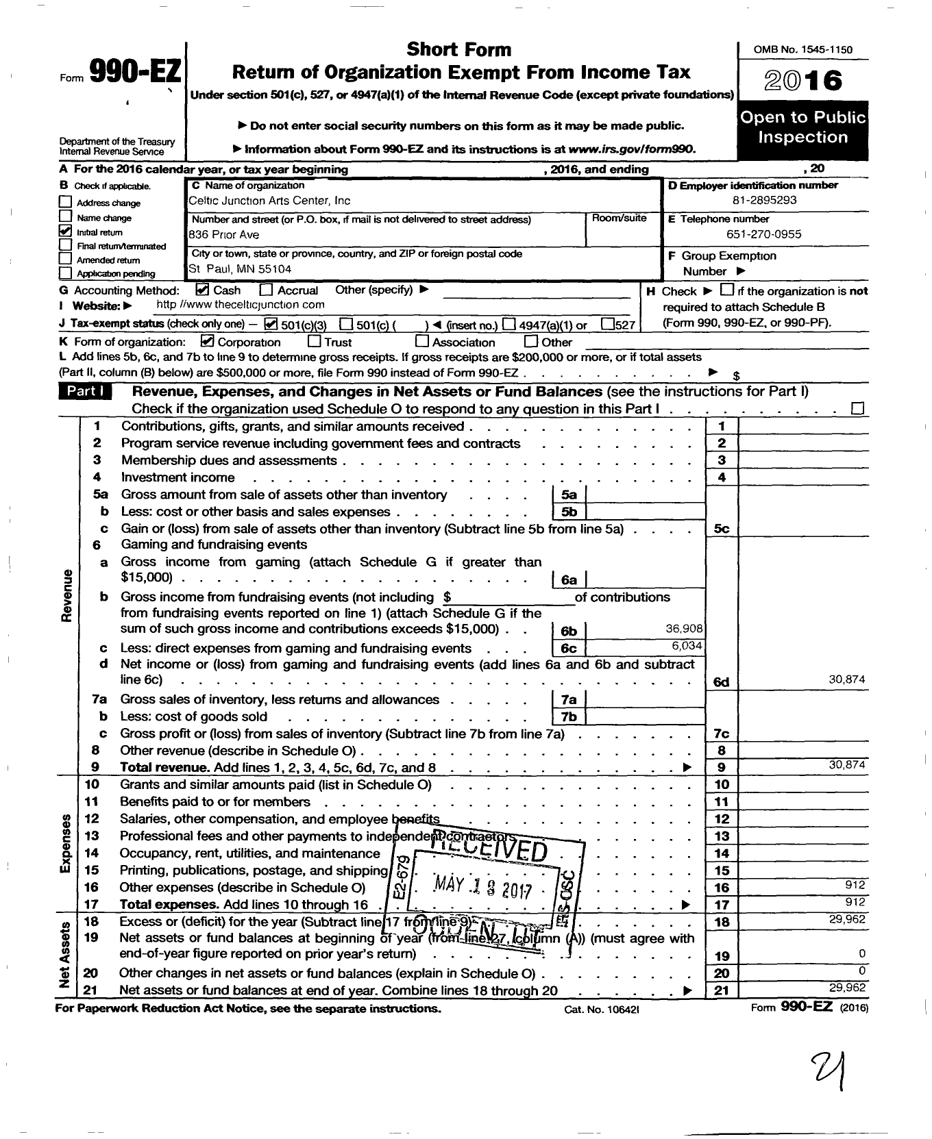 Image of first page of 2016 Form 990EZ for Celtic Junction Arts Center