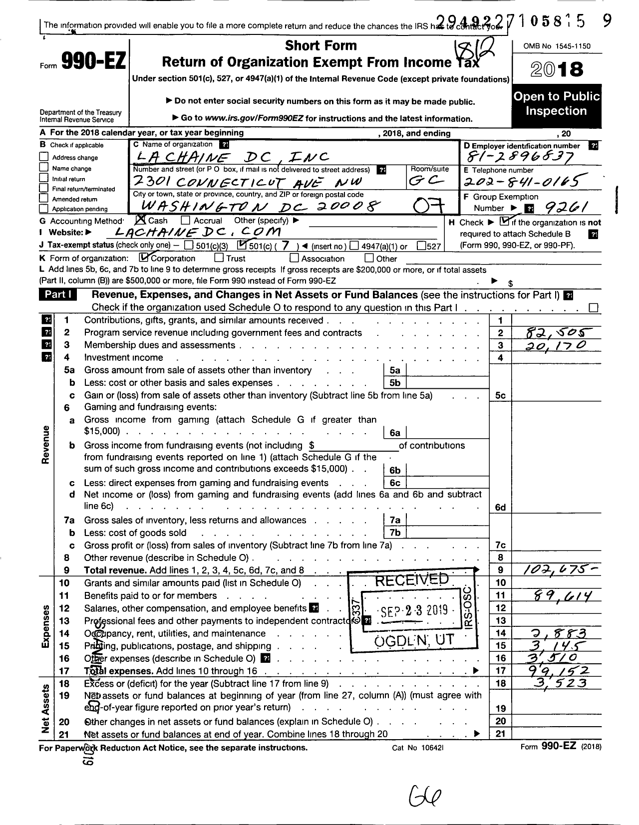 Image of first page of 2018 Form 990EO for La Chaine DC