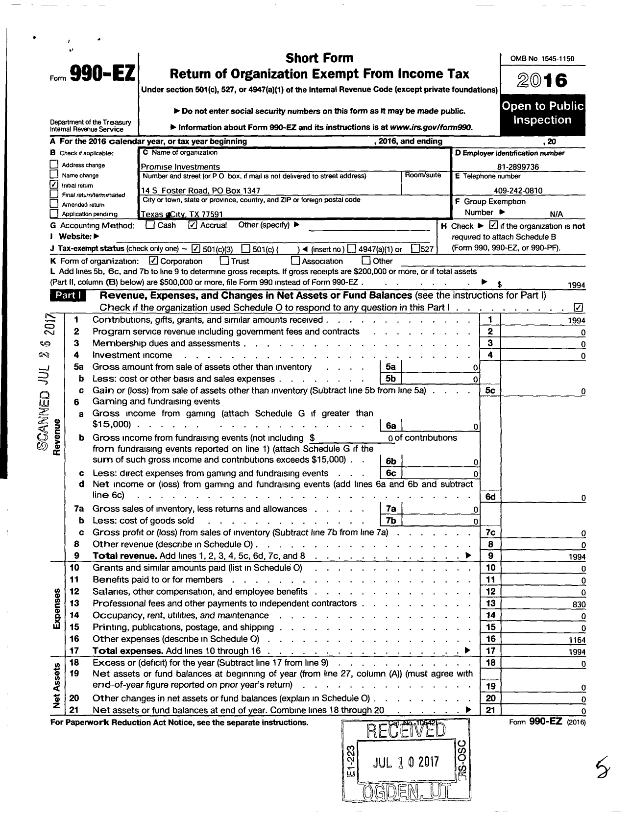 Image of first page of 2016 Form 990EZ for Promise Investments