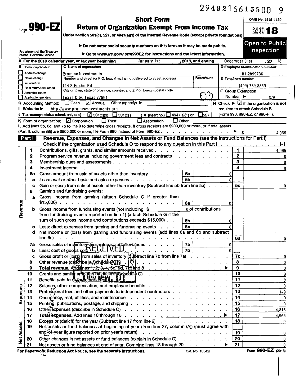 Image of first page of 2018 Form 990EZ for Promise Investments