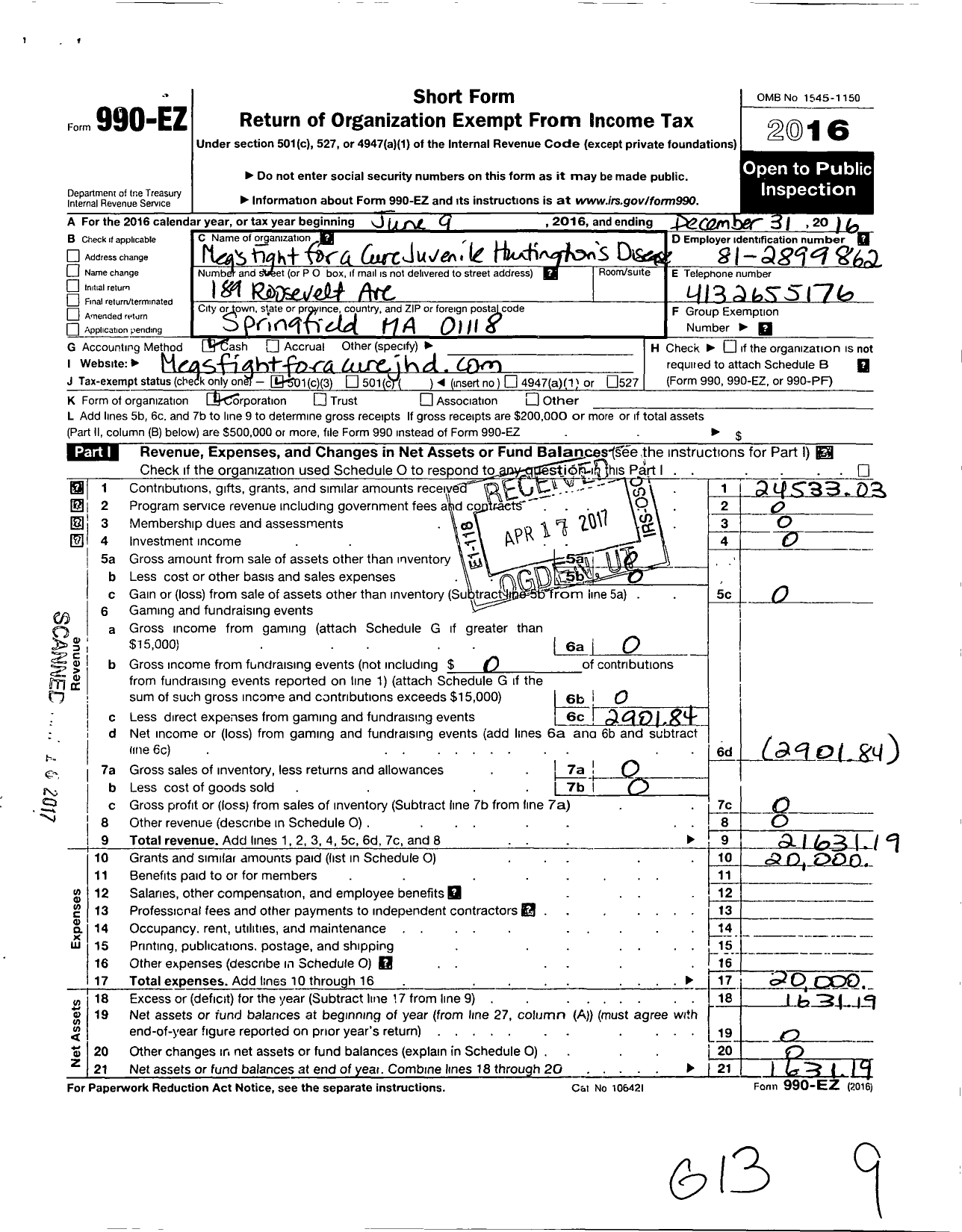 Image of first page of 2016 Form 990EZ for Meg's Fight for A Cure Juvenile Hungington's Disease Foundation