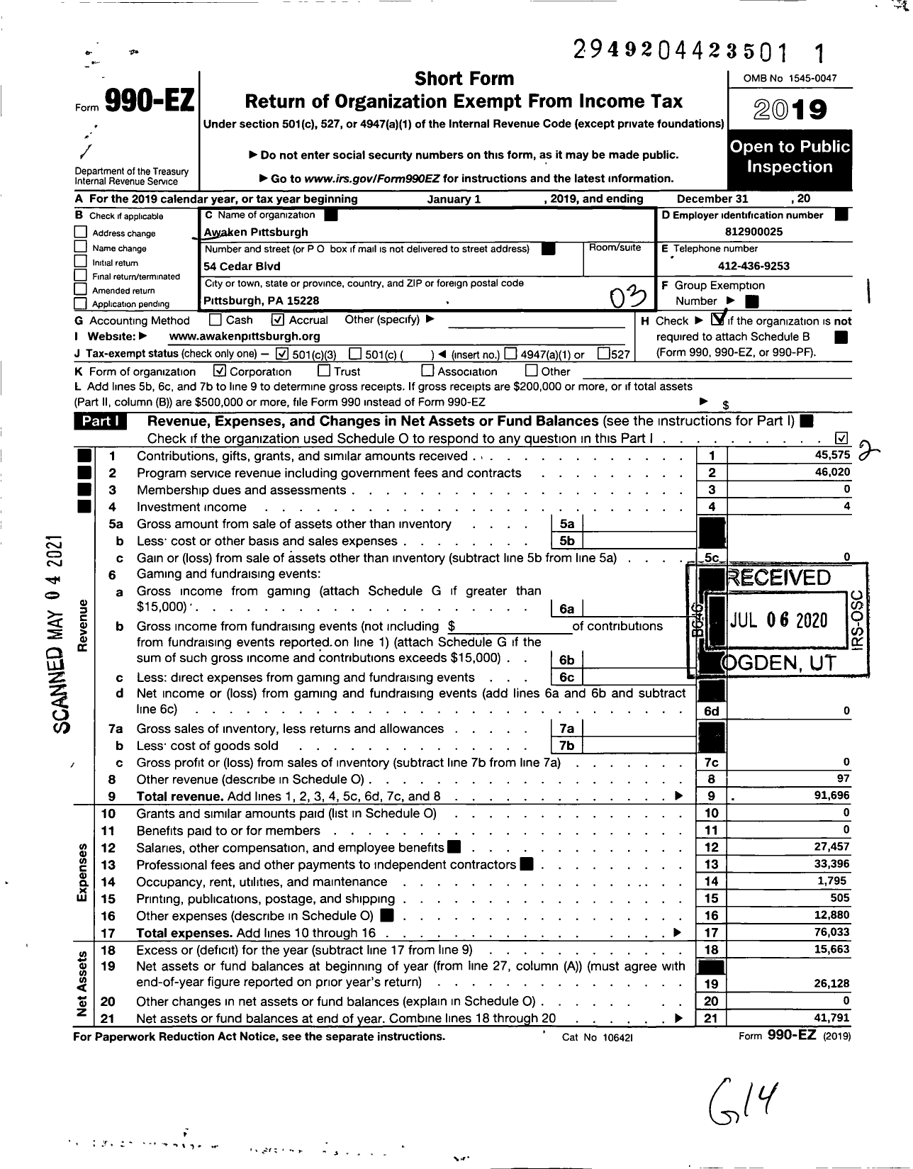 Image of first page of 2019 Form 990EZ for Awaken Pittsburgh