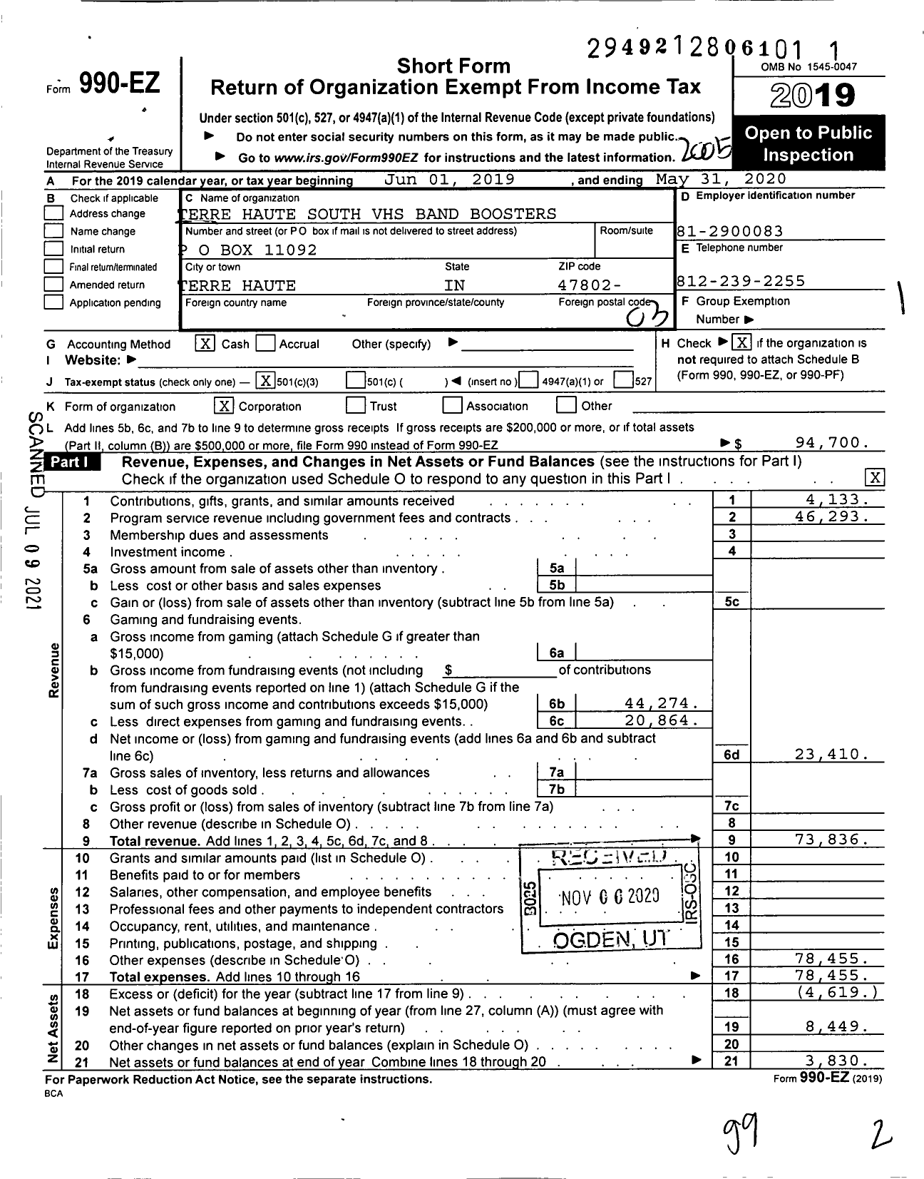 Image of first page of 2019 Form 990EZ for Terre Haute South Vigo High School Band Boosters