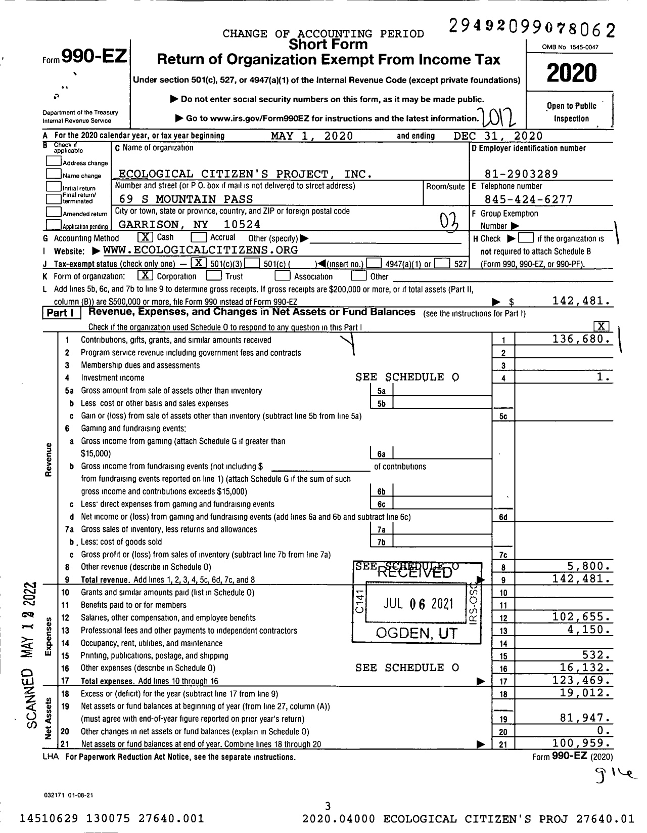 Image of first page of 2020 Form 990EZ for Ecological Citizen's Project