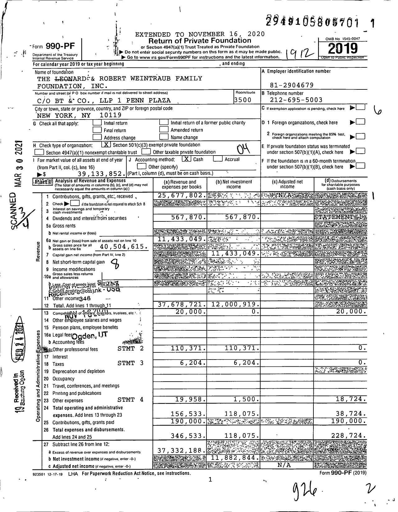 Image of first page of 2019 Form 990PF for The Leonard and Robert Weintraub Family Foundation