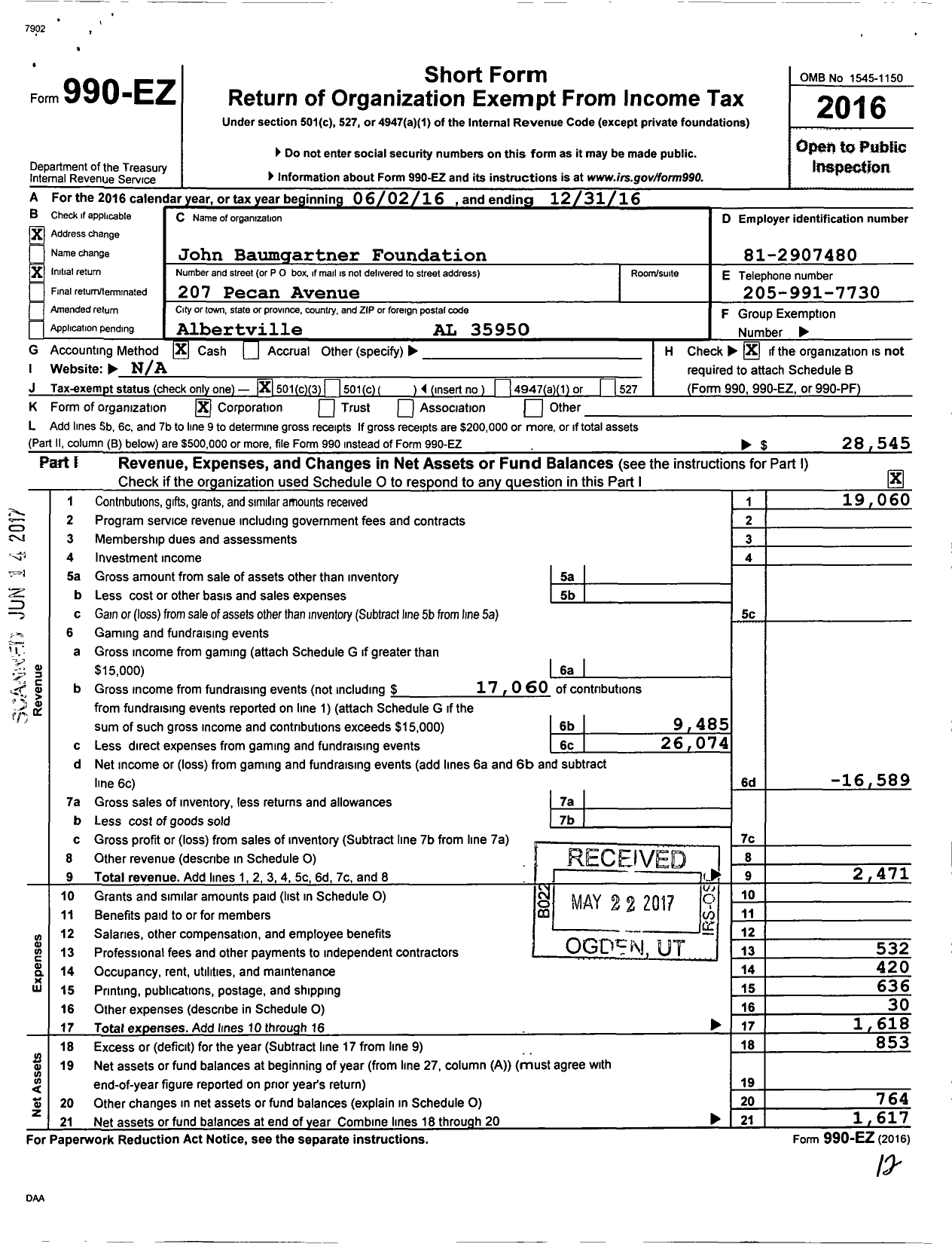 Image of first page of 2016 Form 990EZ for John Baumgartner Foundation