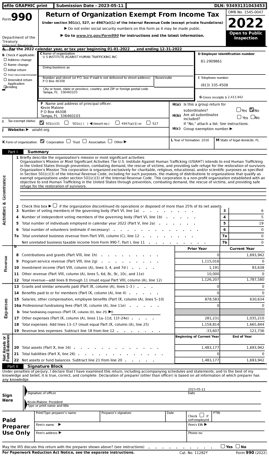 Image of first page of 2022 Form 990 for Us S Institute Against Human Trafficking