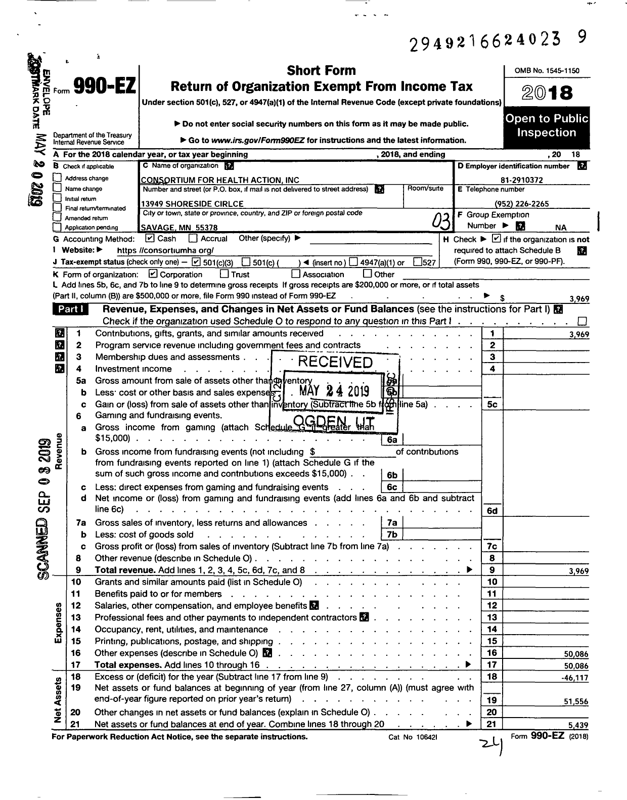 Image of first page of 2018 Form 990EZ for Consortium for Health Action