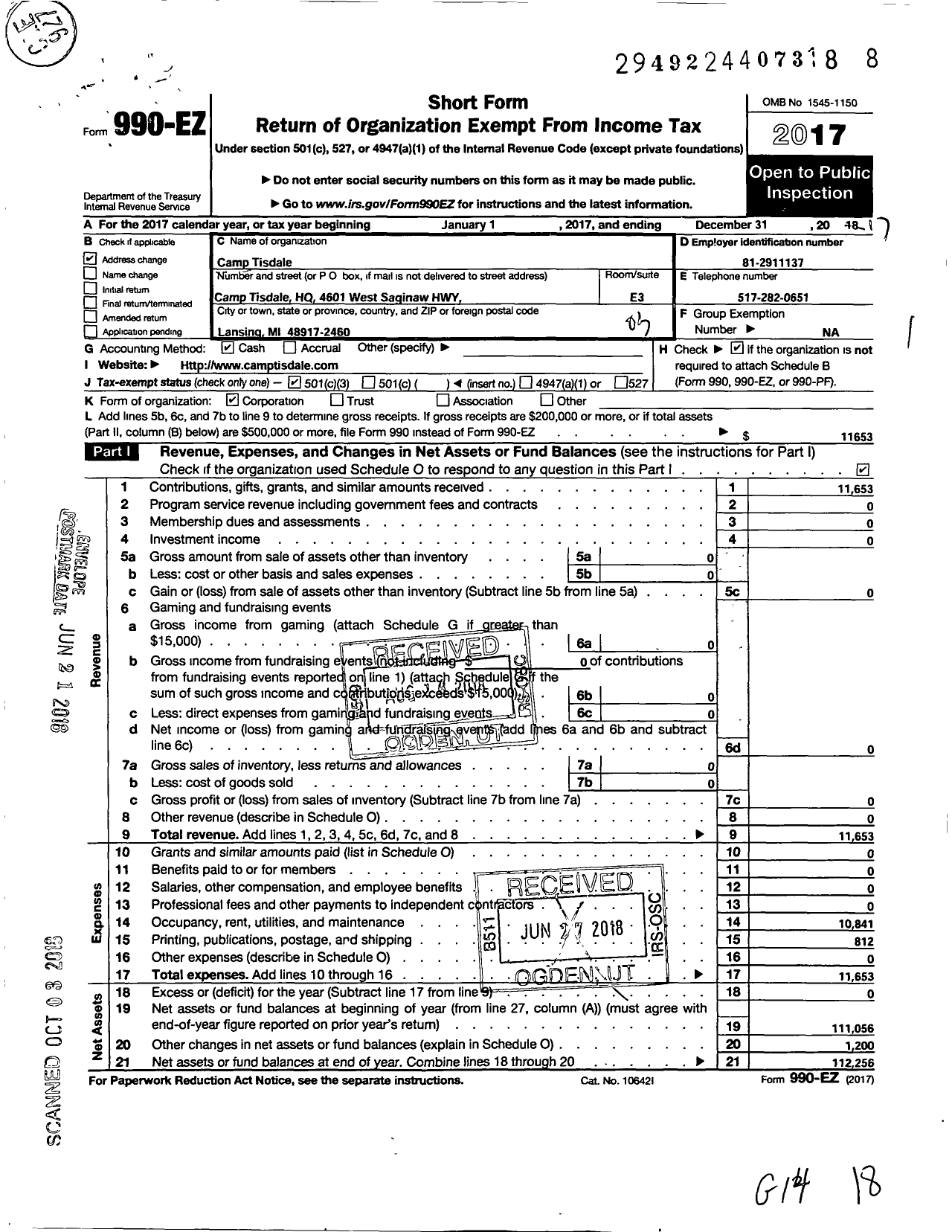 Image of first page of 2017 Form 990EZ for Camp Tisdale