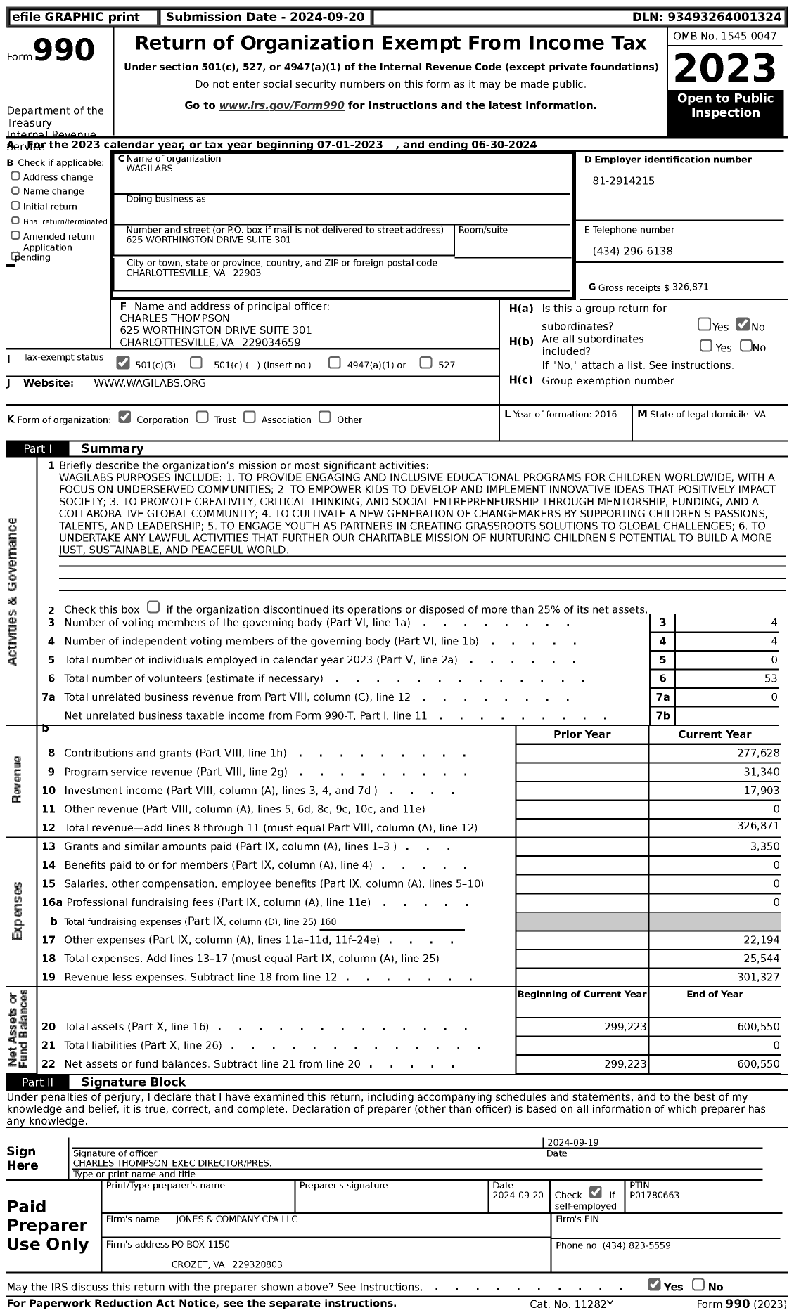 Image of first page of 2023 Form 990 for Wagilabs