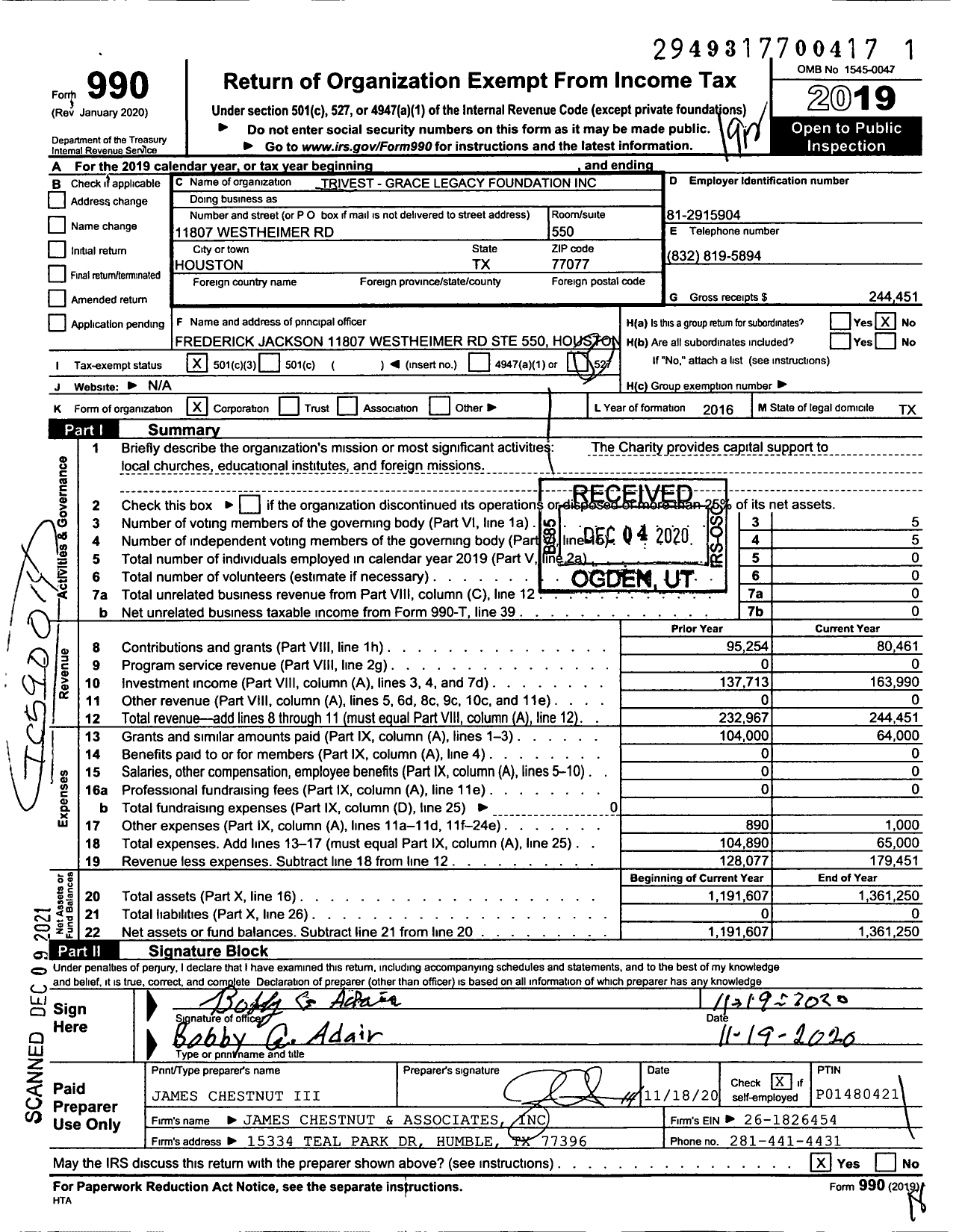 Image of first page of 2019 Form 990 for Trivest - Grace Legacy Foundation