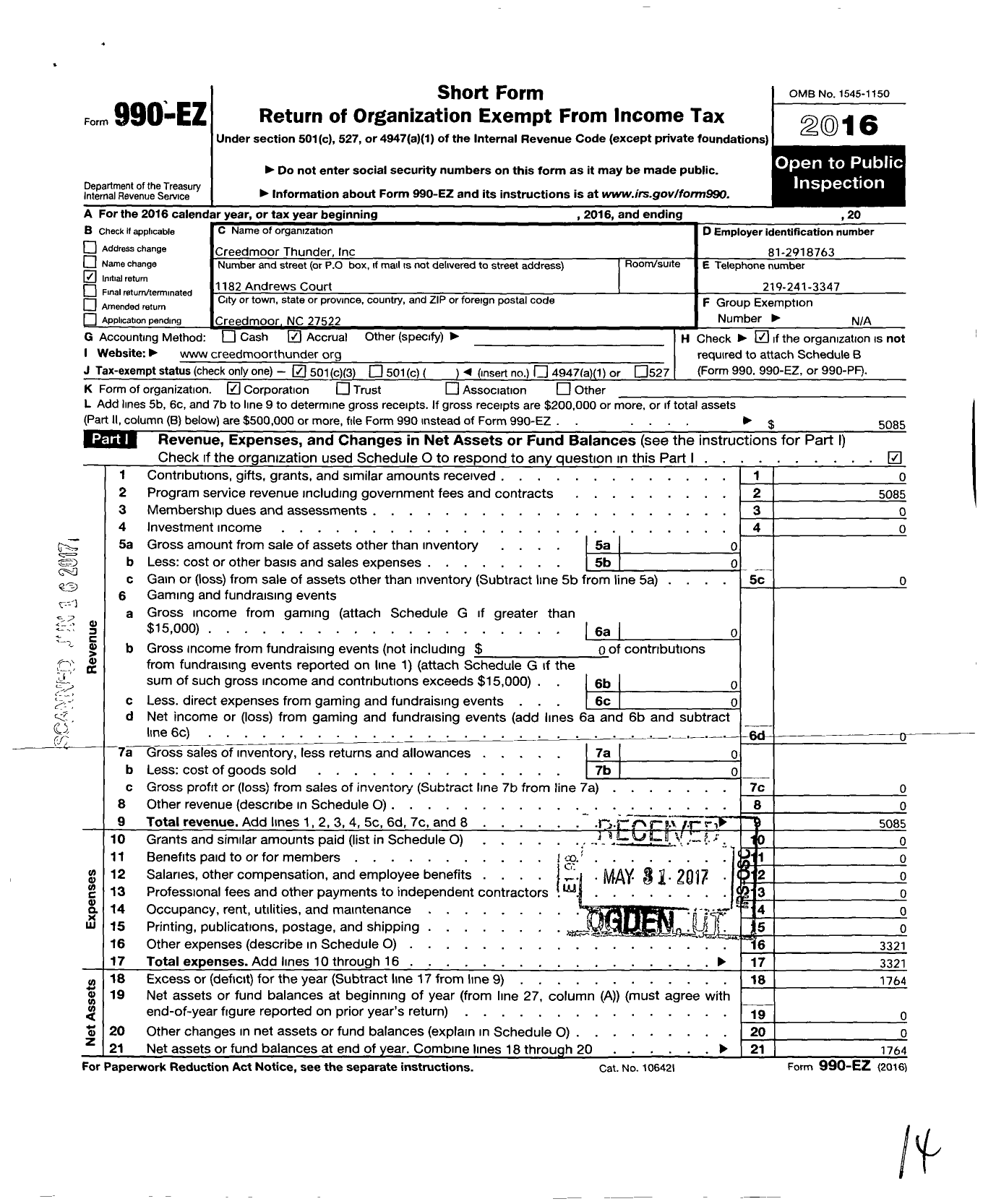 Image of first page of 2016 Form 990EZ for Tri-City Thunder