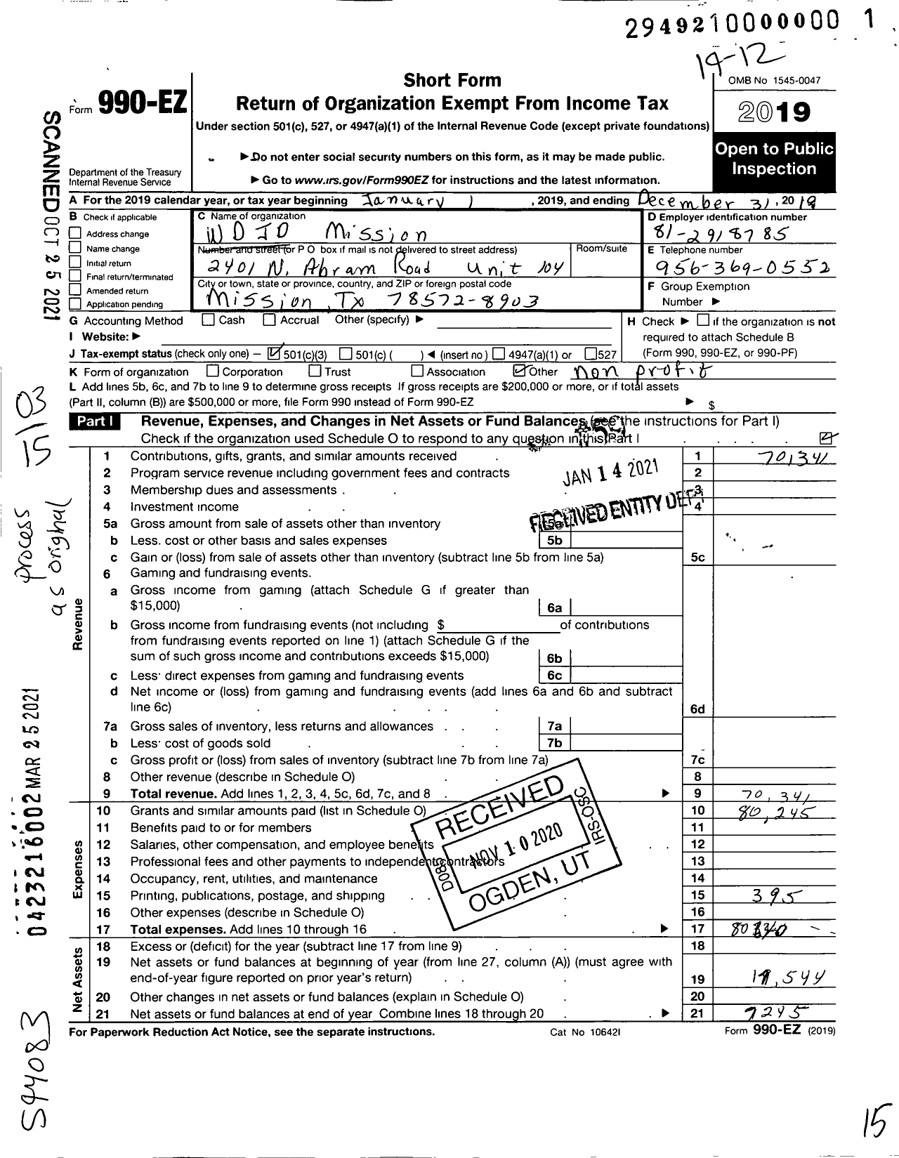 Image of first page of 2019 Form 990EZ for WDJD Mission
