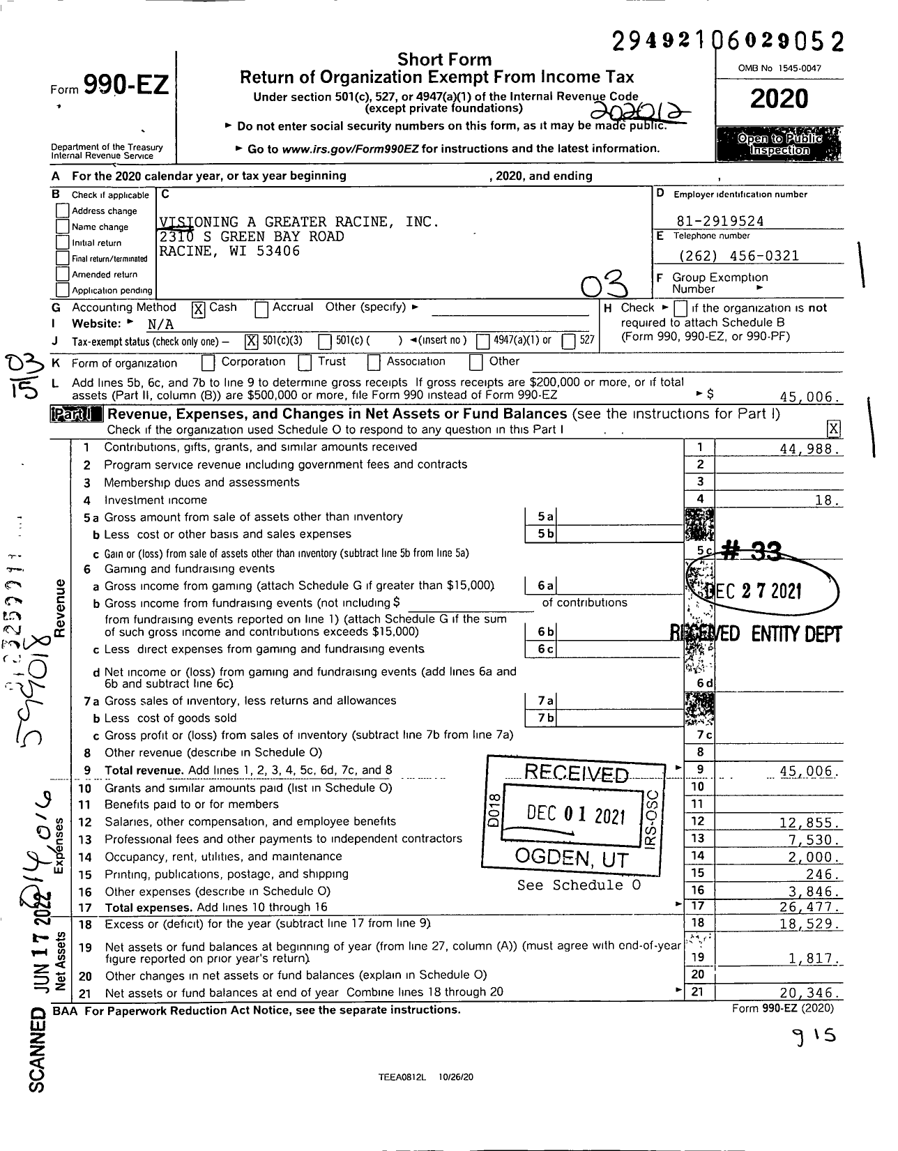 Image of first page of 2020 Form 990EZ for Visioning A Greater Racine