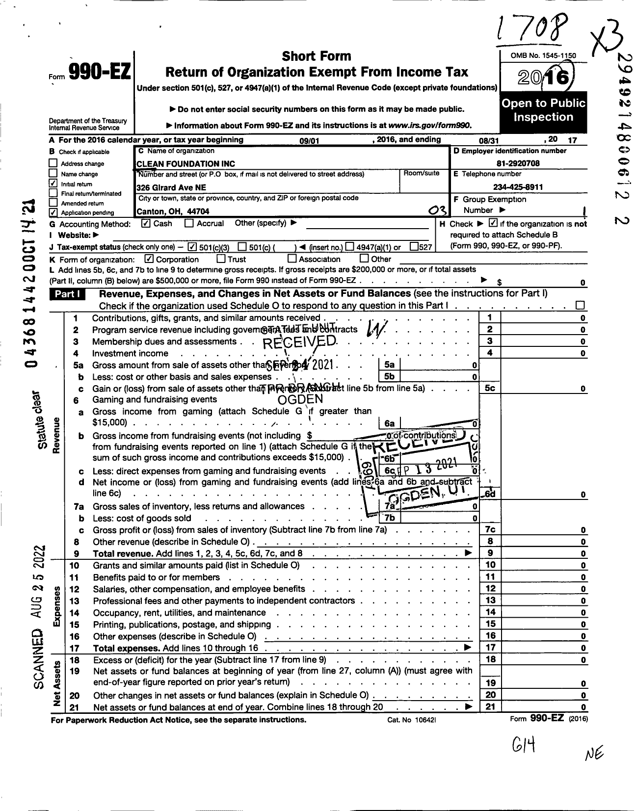 Image of first page of 2016 Form 990EZ for Clean Foundation