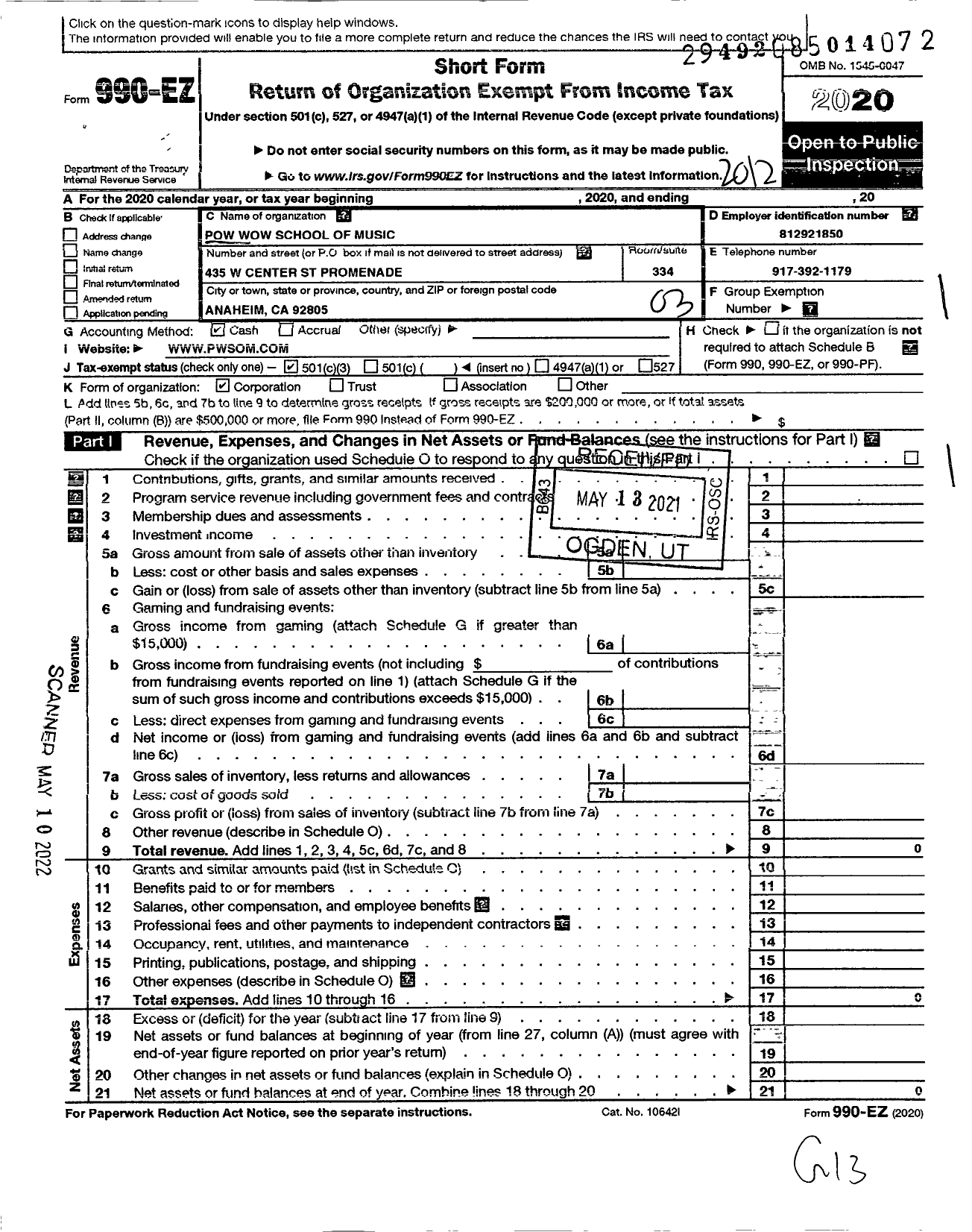 Image of first page of 2020 Form 990EZ for Pow Wow School of Music