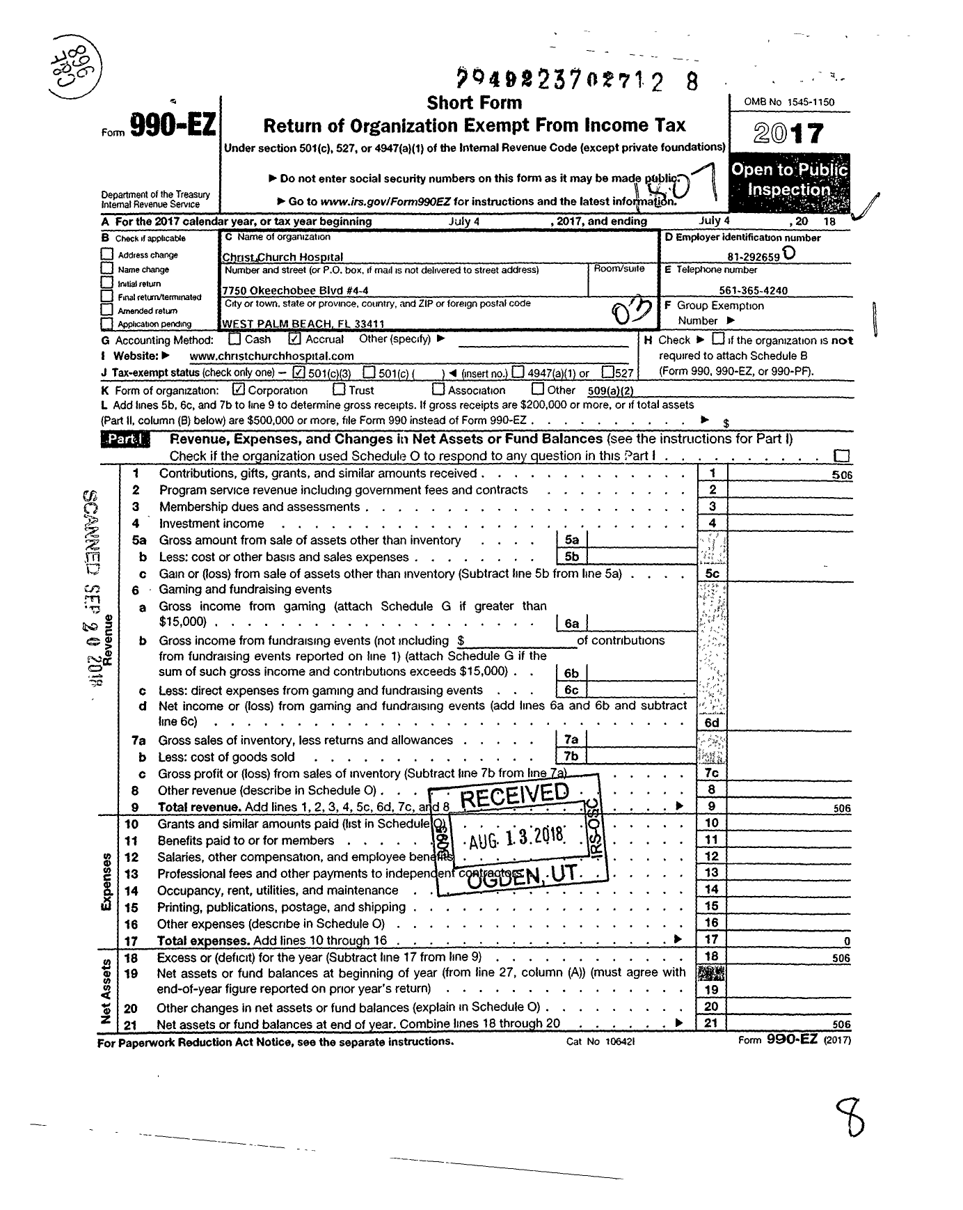 Image of first page of 2017 Form 990EZ for Christ Church Hospital