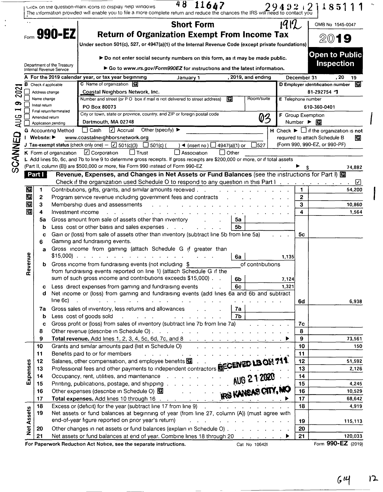 Image of first page of 2019 Form 990EZ for Coastal Neighbors Network