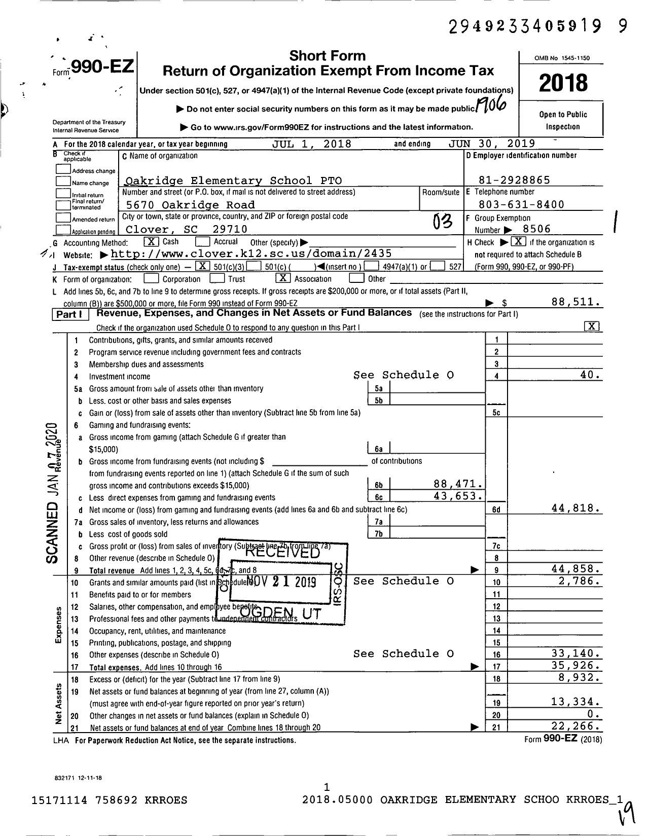 Image of first page of 2018 Form 990EZ for Oakridge Elementary School PTO