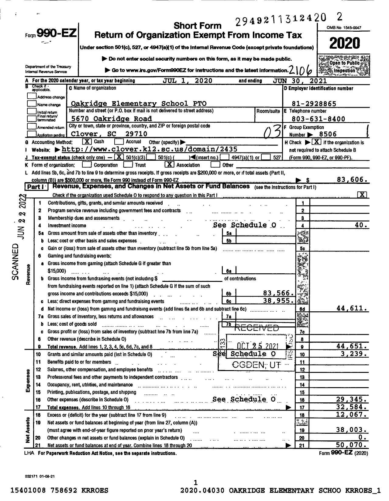 Image of first page of 2020 Form 990EZ for Oakridge Elementary School PTO