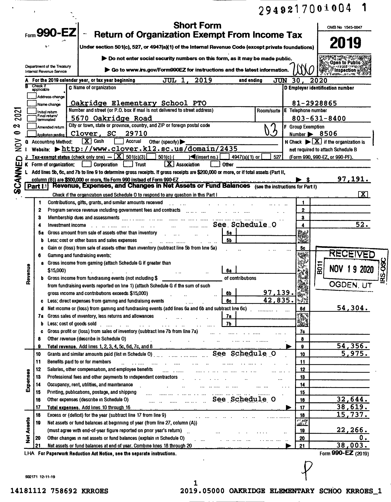 Image of first page of 2019 Form 990EZ for Oakridge Elementary School PTO