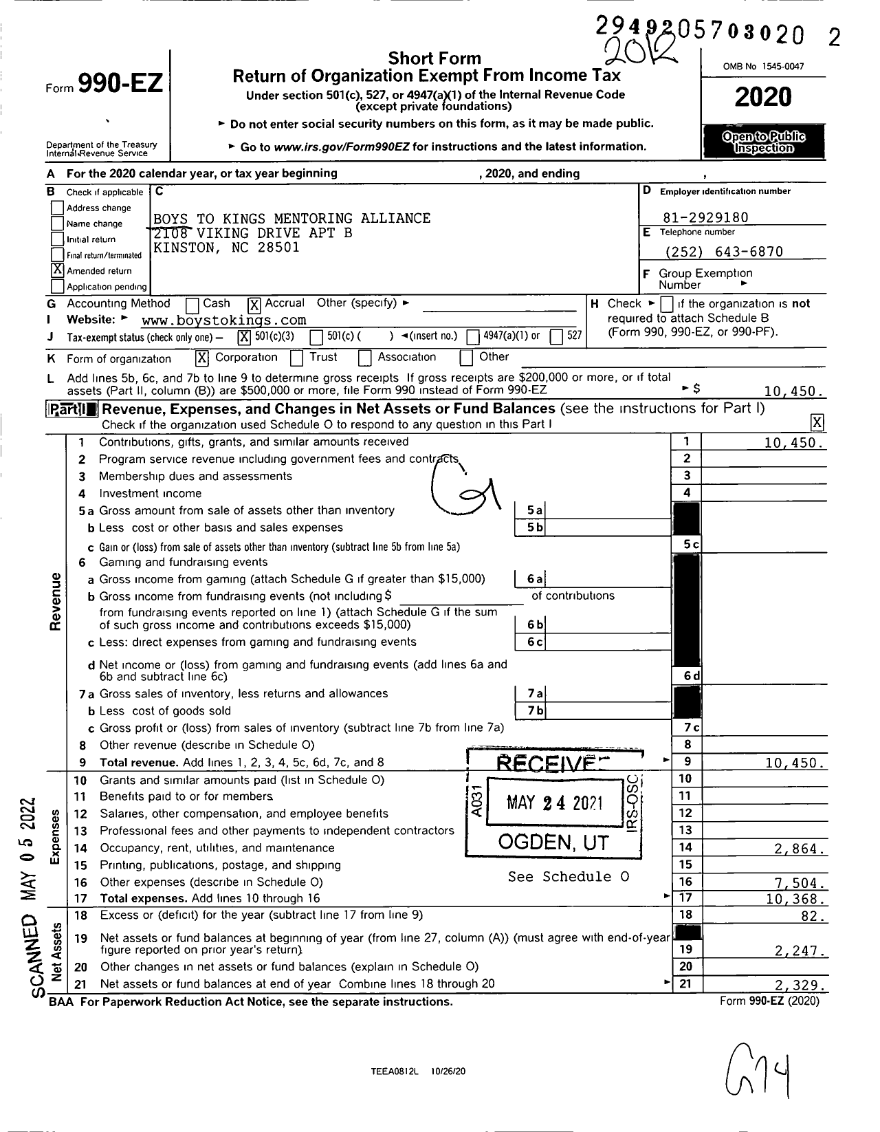 Image of first page of 2020 Form 990EZ for Boys To Kings Mentoring Alliance