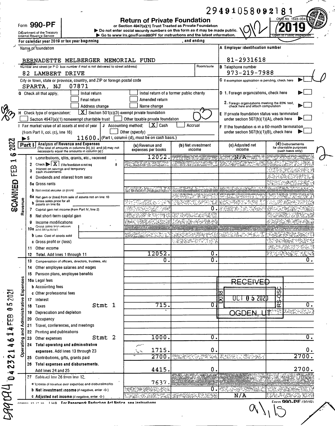 Image of first page of 2019 Form 990PF for Bernadette Melberger Memorial Fund