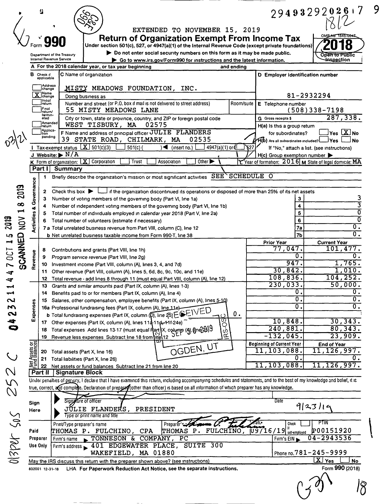 Image of first page of 2018 Form 990 for Misty Meadows Foundation