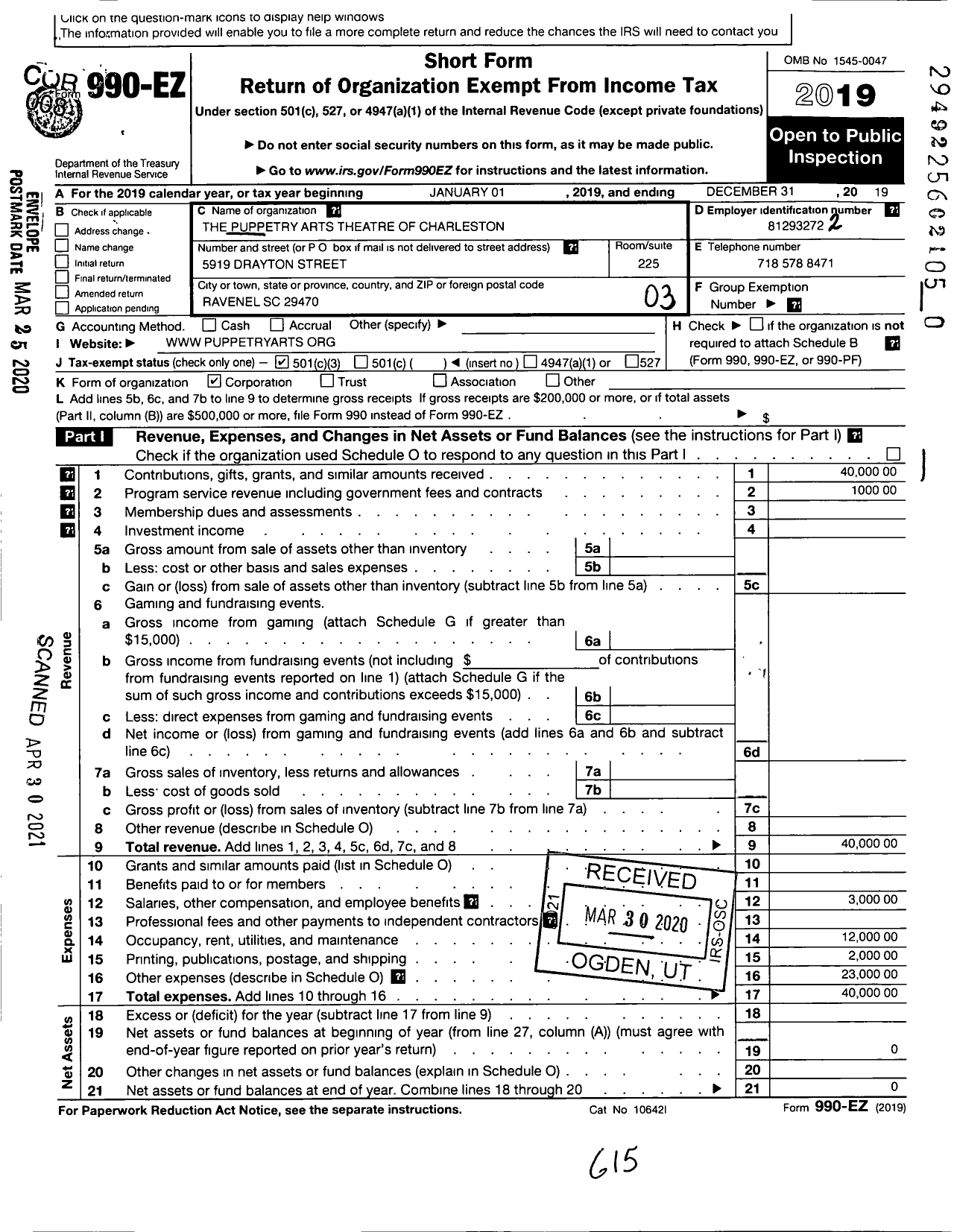 Image of first page of 2019 Form 990EZ for Puppetry Arts Theatre of Charleston