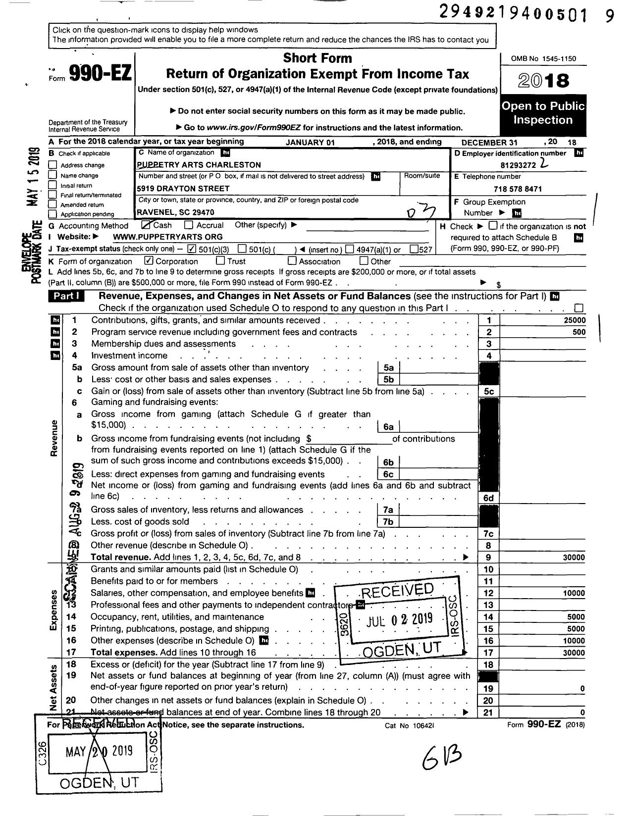 Image of first page of 2018 Form 990EZ for Puppetry Arts Theatre of Charleston