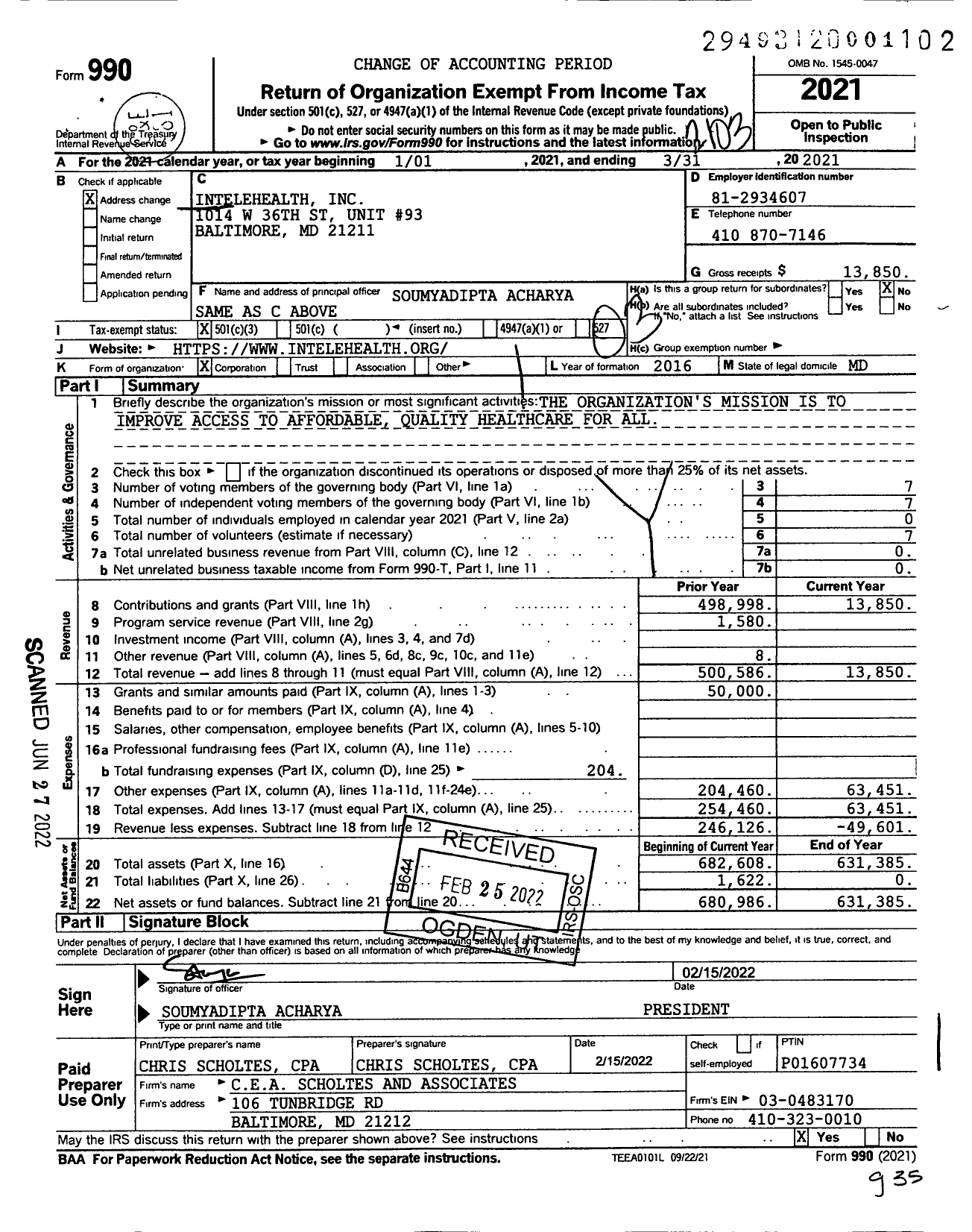 Image of first page of 2020 Form 990 for Intelehealth