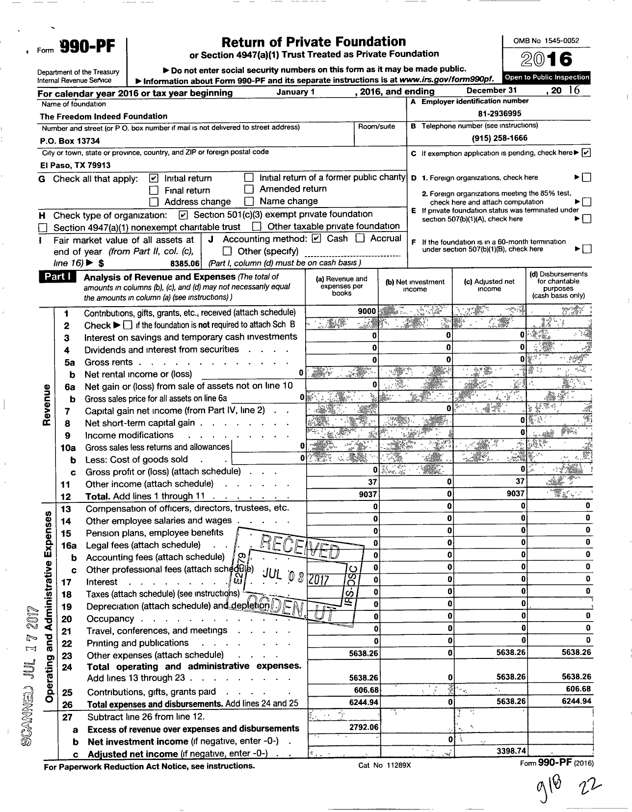 Image of first page of 2016 Form 990PF for Freedom Indeed Foundation