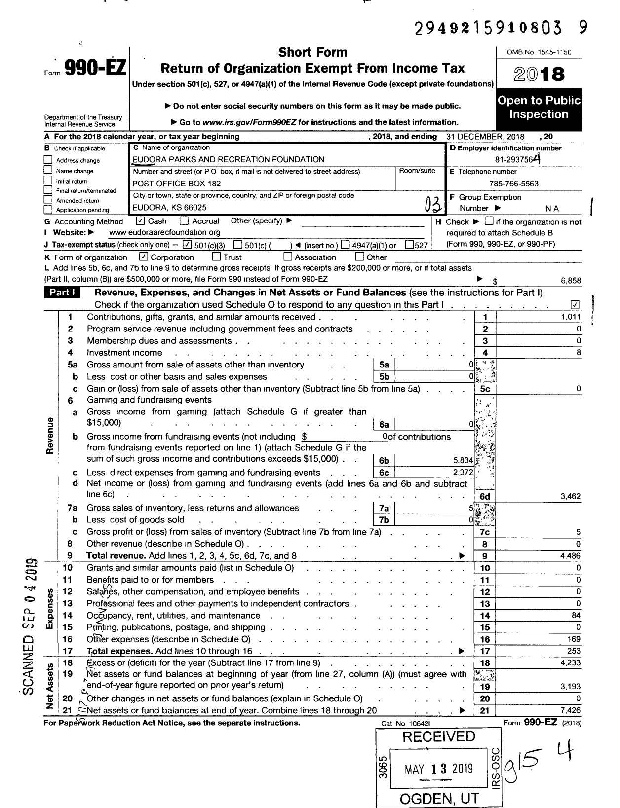 Image of first page of 2018 Form 990EZ for Eudora Parks and Recreation Foundation