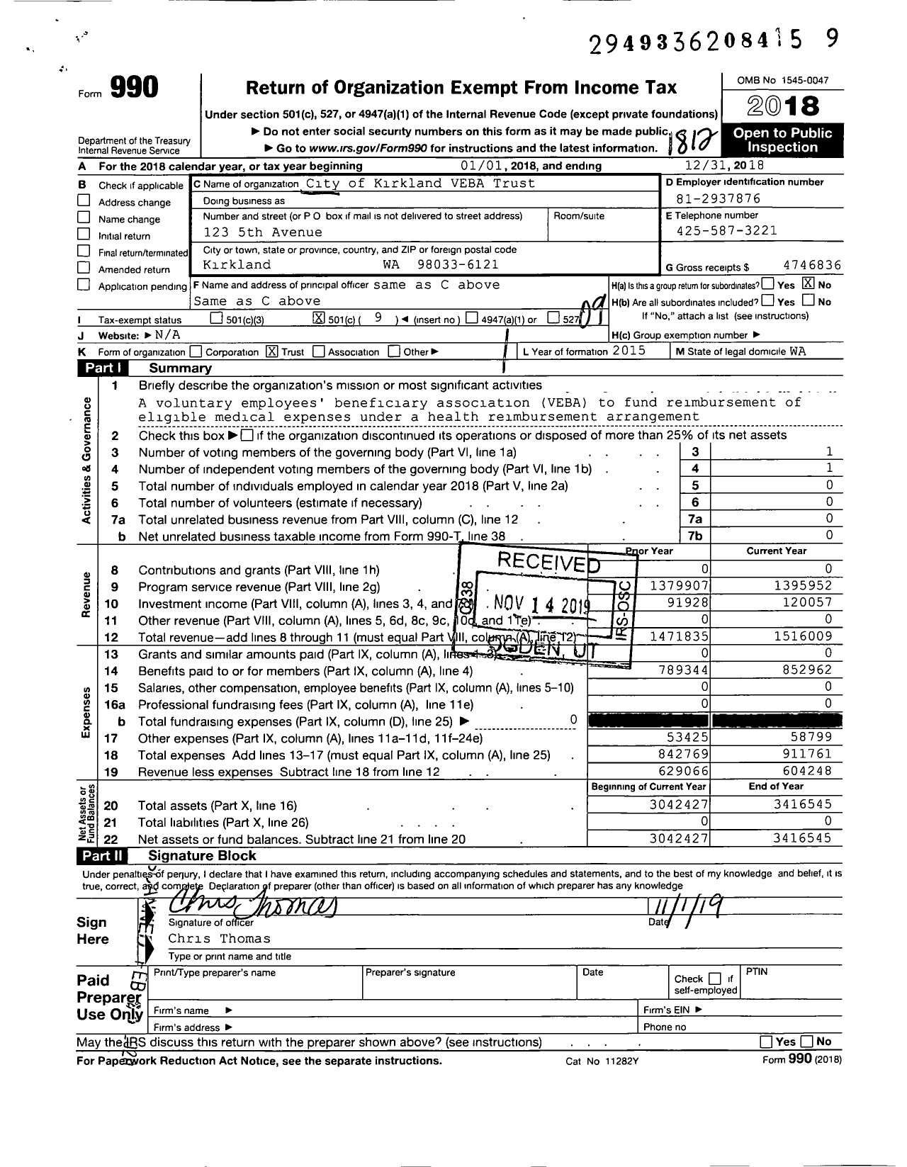 Image of first page of 2018 Form 990O for City of Kirkland Veba Trust