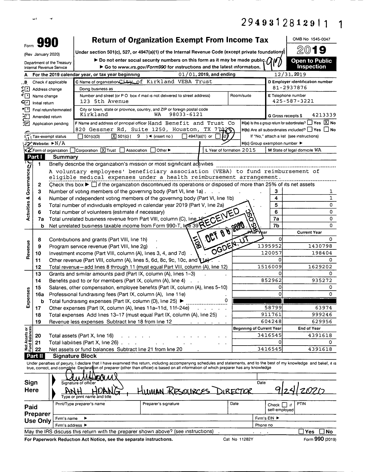 Image of first page of 2019 Form 990O for City of Kirkland Veba Trust