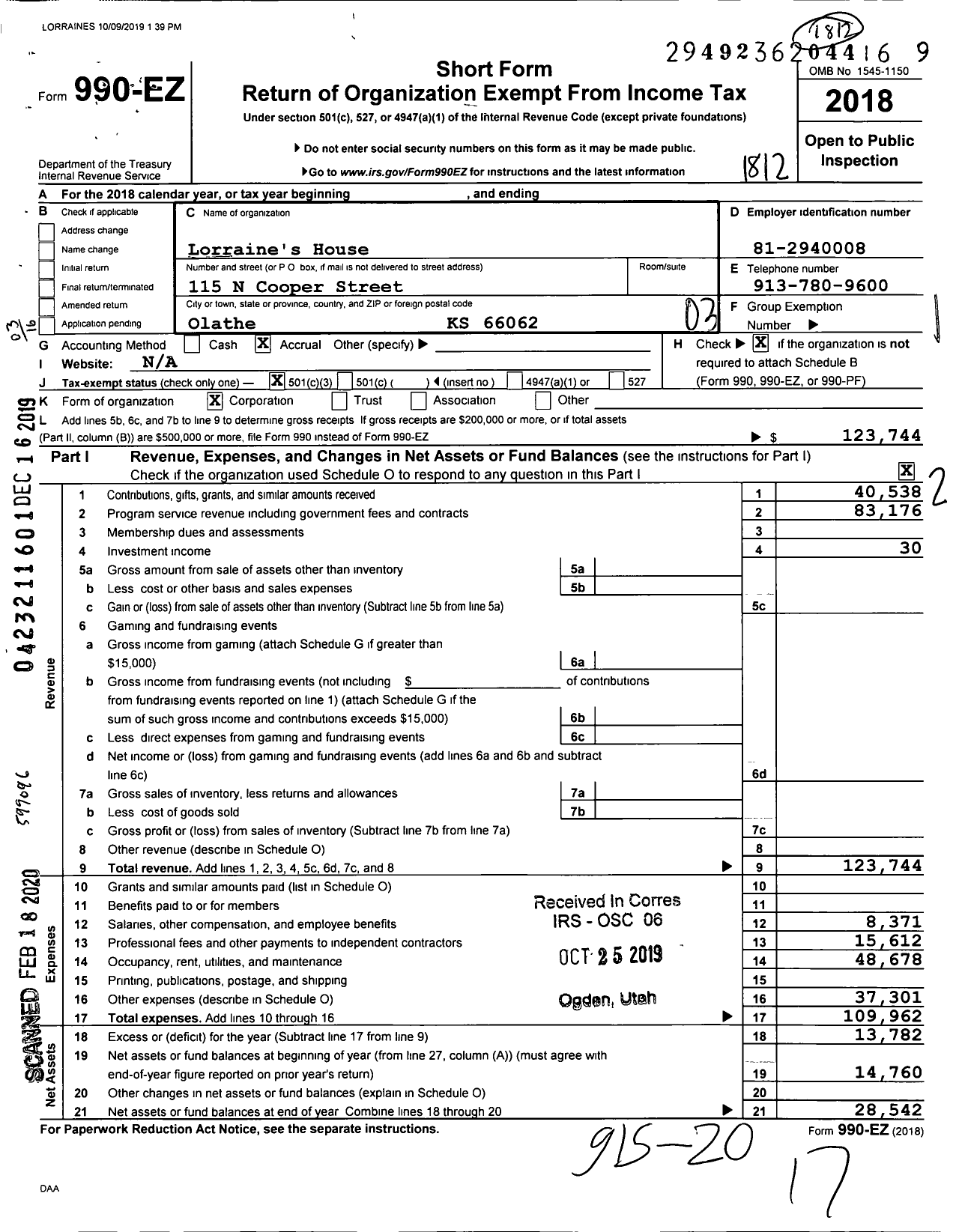 Image of first page of 2018 Form 990EZ for Lorraine's House