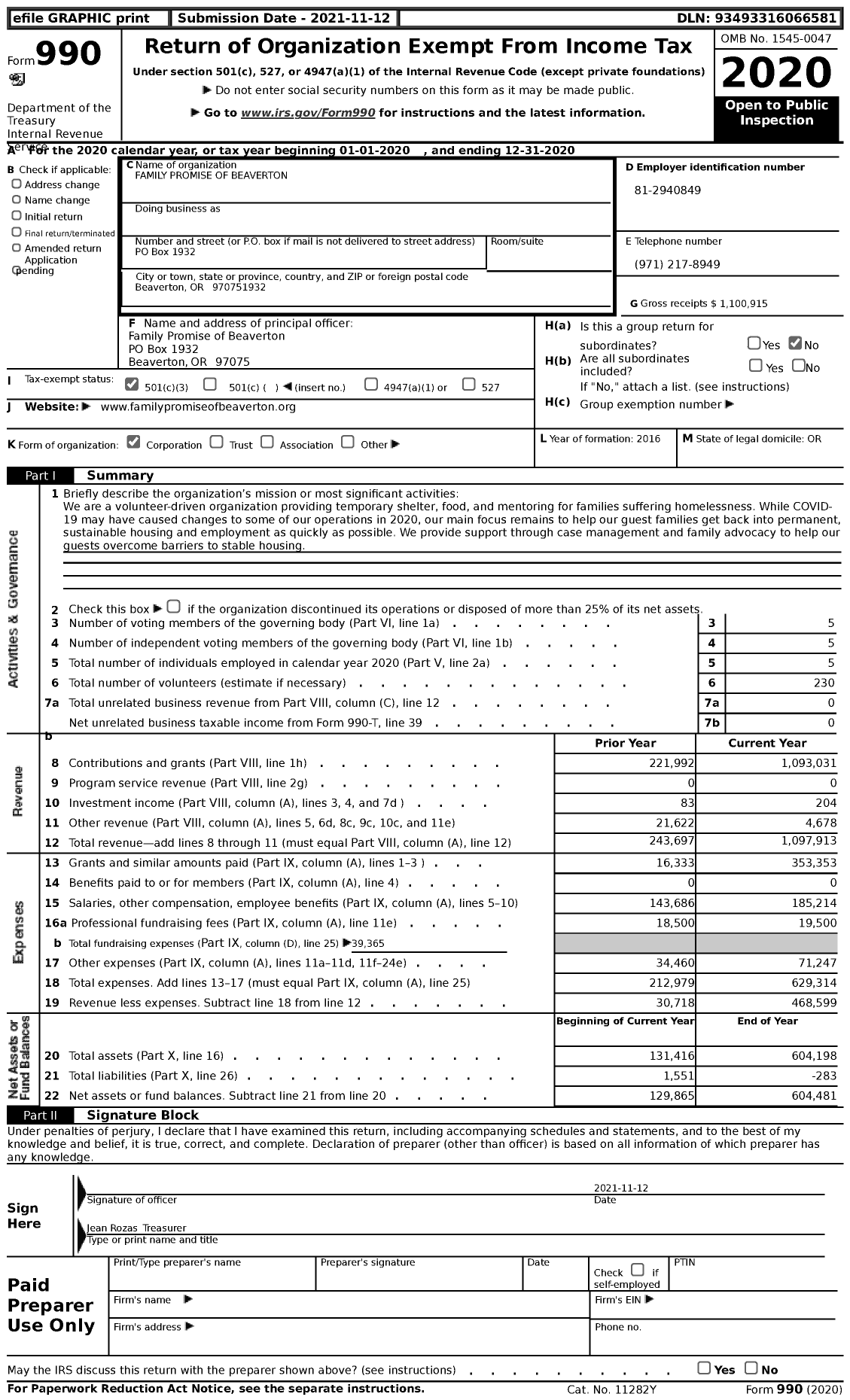 Image of first page of 2020 Form 990 for Family Promise of Greater Washington County