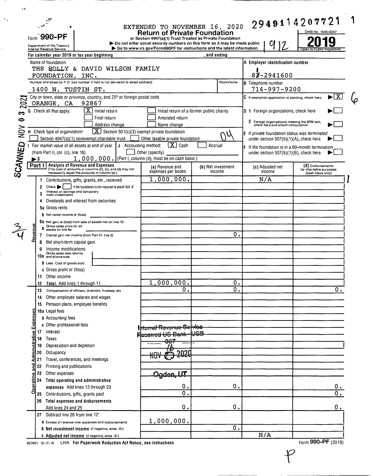 Image of first page of 2019 Form 990PF for The Holly and David Wilson Family Foundation