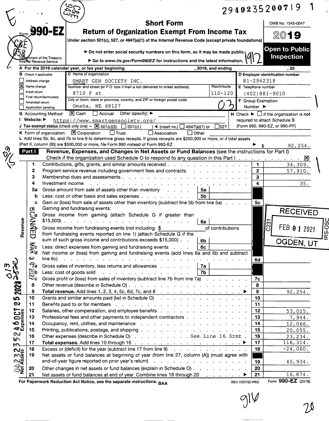 Image of first page of 2019 Form 990EZ for Smart Gen Society