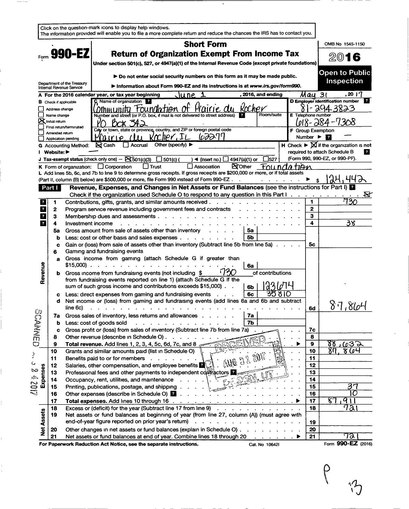 Image of first page of 2016 Form 990EZ for Community Foundation of Prairie Du Rocher