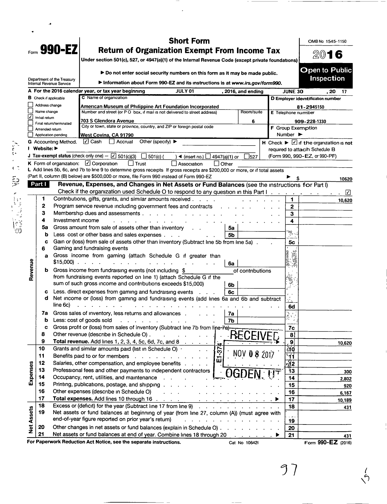 Image of first page of 2016 Form 990EZ for American Museum of Philippin Art Foundation Incorcorporated (AMPAFI)