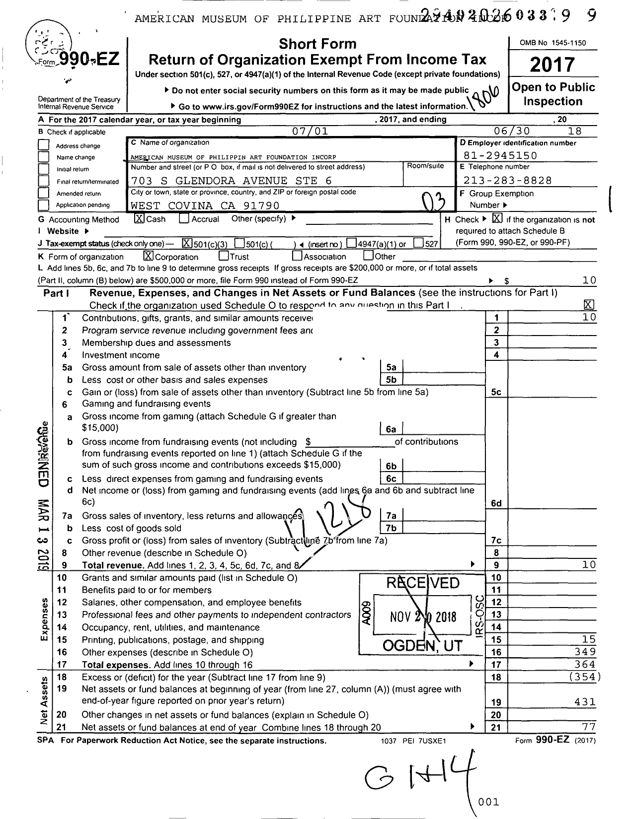 Image of first page of 2017 Form 990EZ for American Museum of Philippin Art Foundation Incorcorporated (AMPAFI)