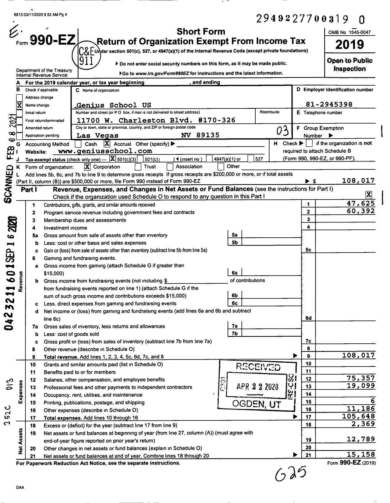 Image of first page of 2019 Form 990EZ for Genius School Us