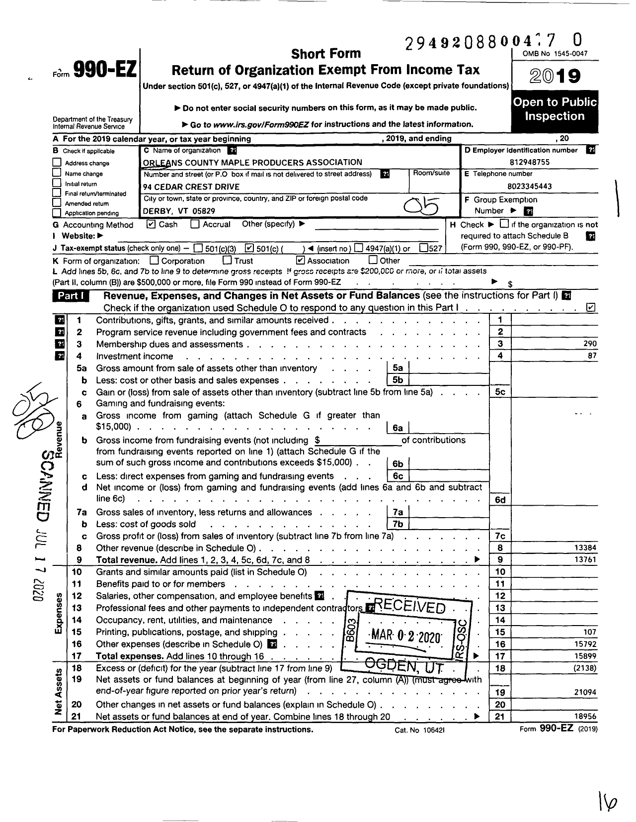 Image of first page of 2019 Form 990EO for Orleans County Maple Producers Association