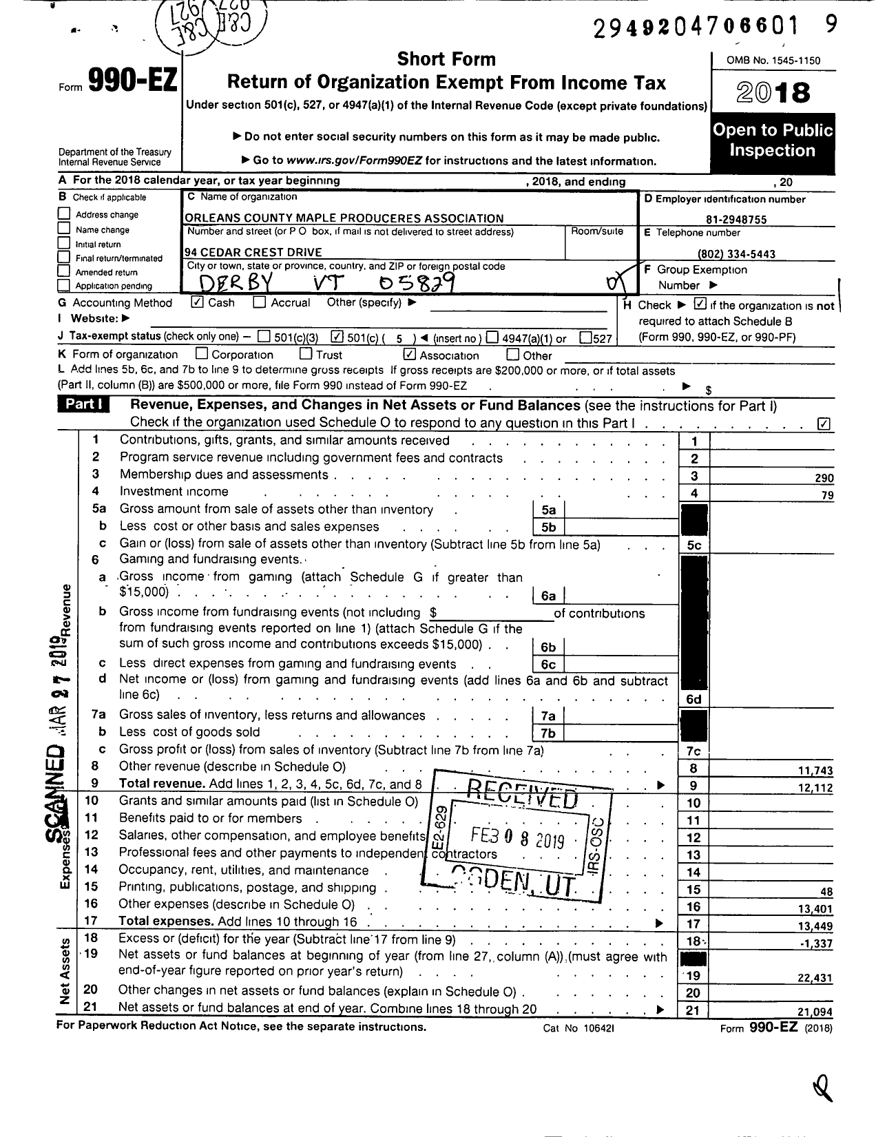 Image of first page of 2018 Form 990EO for Orleans County Maple Producers Association