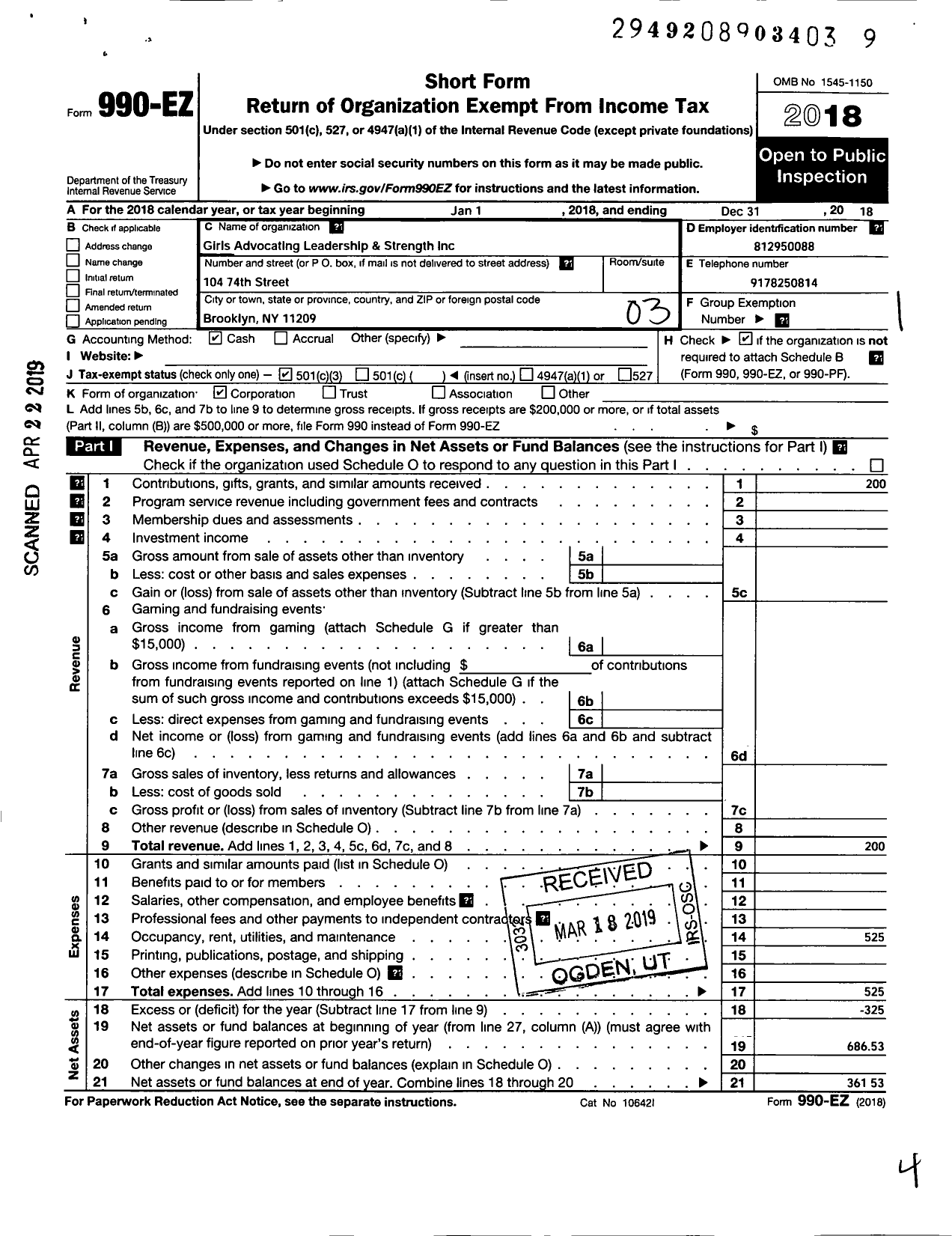 Image of first page of 2018 Form 990EZ for Girls Advocating Leadership and Strength