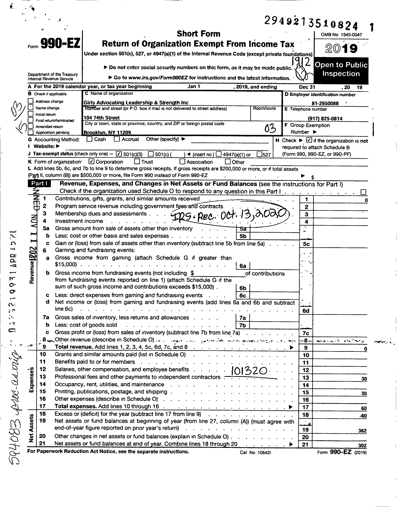 Image of first page of 2019 Form 990EZ for Girls Advocating Leadership and Strength