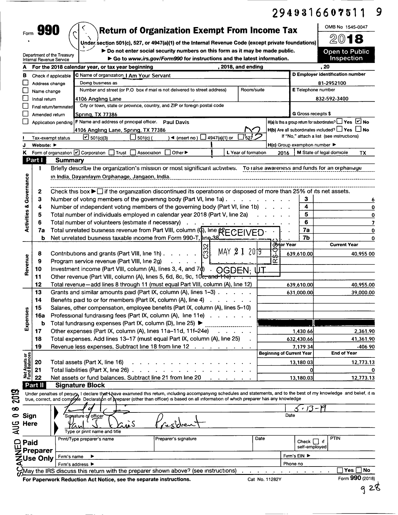 Image of first page of 2018 Form 990 for I Am Your Servant