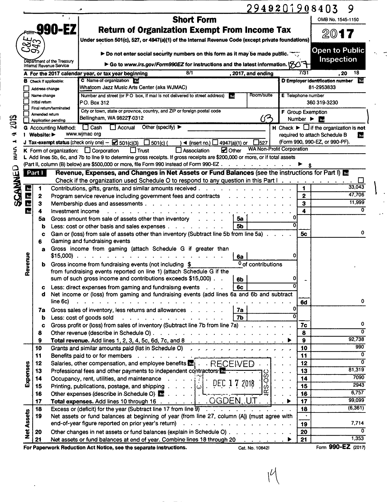 Image of first page of 2017 Form 990EZ for Jazz Center of Bellingham