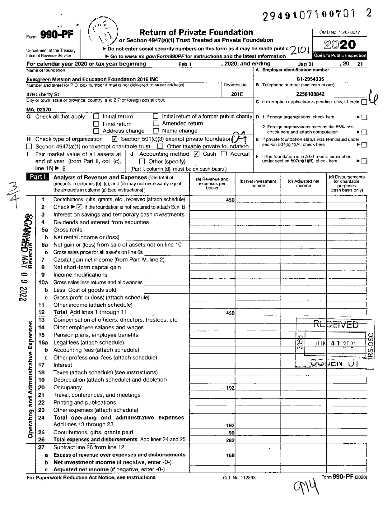 Image of first page of 2020 Form 990PF for Evergreen Mission and Education Foundation 2016